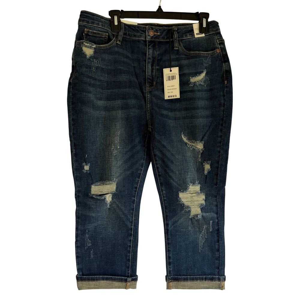 Judy Blue High Waist Distressed Capri Jeans Dark Wash Cuffed JB88211 Size 15/32